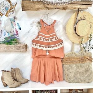 Trendy terra cotta boho romper intricate detailing shabby chic resort beach vibe